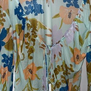 Free People Floral V-Neck Blouse with Tie Detail